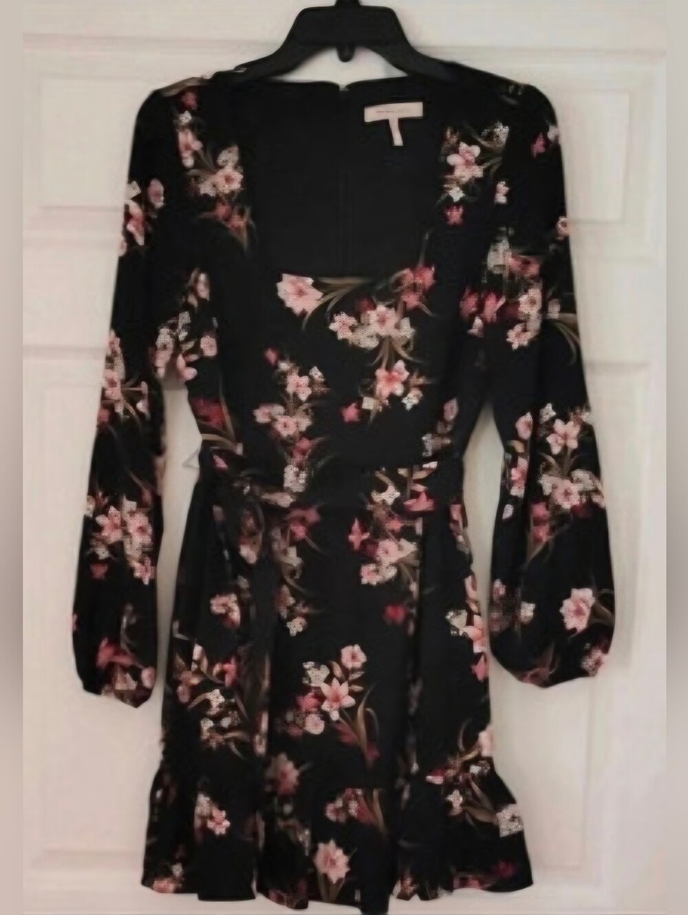 BCBGeneration Black Mini Dress with Pink Floral Print and Tie Waist.  NWOT